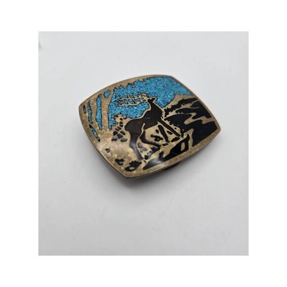 Vintage Brass Turquoise Chip Deer Buck Belt Buckle - Picture 4 of 4